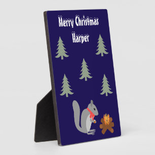 Christmas Squirrel Roasting Hazelnuts on Log Fire Plaque