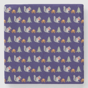 Christmas Squirrel Roasting Hazelnuts on Log Fire Stone Coaster