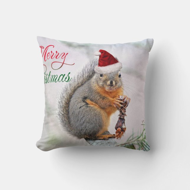 Christmas Squirrel Wearing Santa Claus Hat Cushion (Front)
