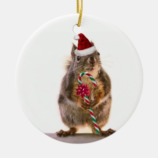 Christmas Squirrel with Candy Cane Ceramic Ornament (Front)