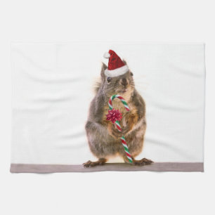 Christmas Squirrel with Candy Cane Tea Towel