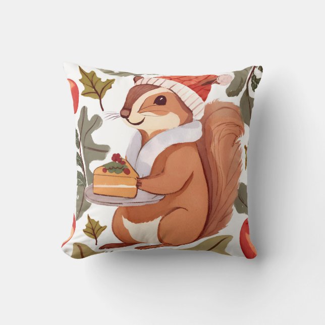 Christmas Squirrel With Dessert Winter Holiday Cushion (Front)