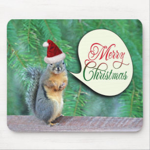 Christmas Squirrel with Evergreen Tree Background Mouse Pad