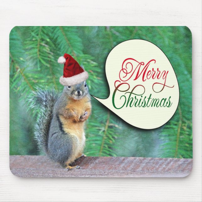 Christmas Squirrel with Evergreen Tree Background Mouse Pad (Front)