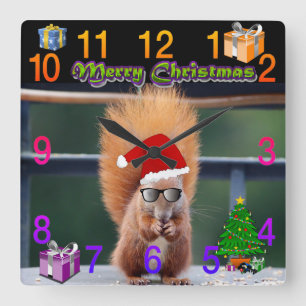 Christmas Squirrel with gifts and tree Square Wall Clock