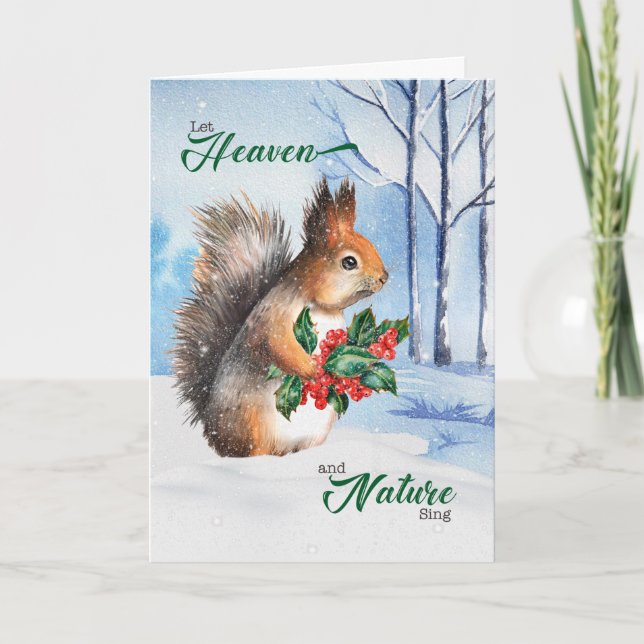 Christmas Squirrel with Holly Nature Theme Holiday Card (Front)