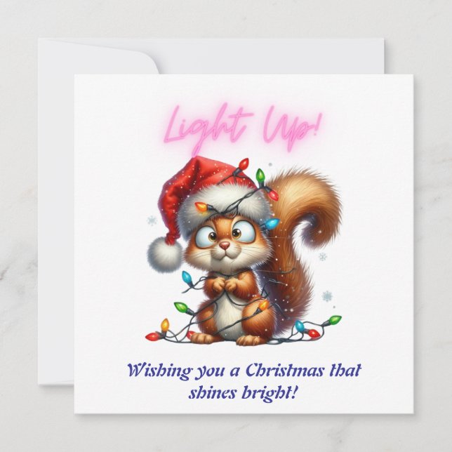 Christmas Squirrel with Lights Fun Holiday Card (Front)