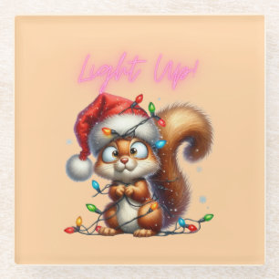 Christmas Squirrel with Lights Fun Holiday Card Glass Coaster