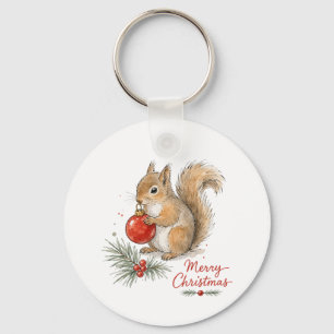 Christmas Squirrel with Red Ornament Key Ring