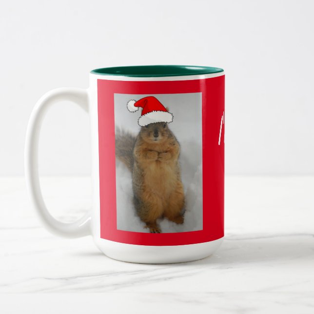 Christmas Squirrel with Santa Hat Two-Tone Coffee Mug (Left)