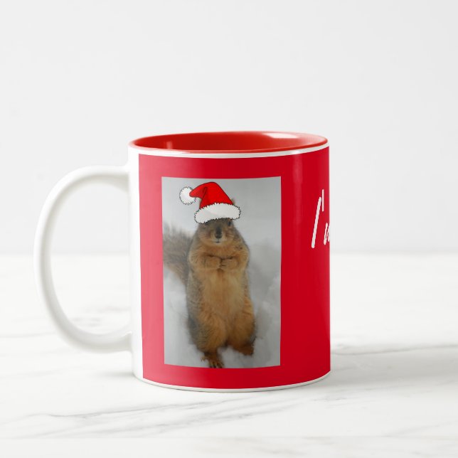 Christmas Squirrel with Santa Hat Two-Tone Coffee Mug (Left)
