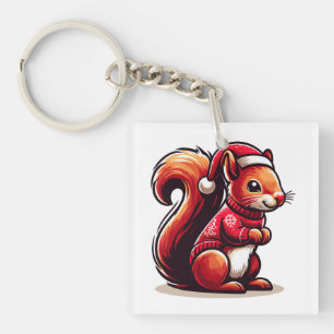 Christmas Squirrel with Santa Hat, Xmas Squirrel Key Ring