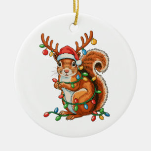 Christmas Squirrel Xmas Lights Cute Holiday Season Ceramic Ornament