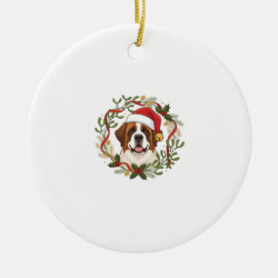 Christmas St Bernard Dog Santa Hat Wreath Ceramic Ornament