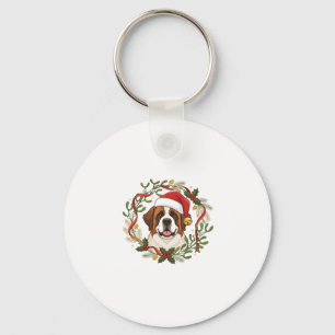 Christmas St Bernard Dog Santa Hat Wreath Key Ring