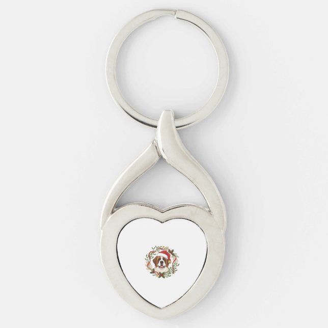Christmas St Bernard Dog Santa Hat Wreath Key Ring (Front)
