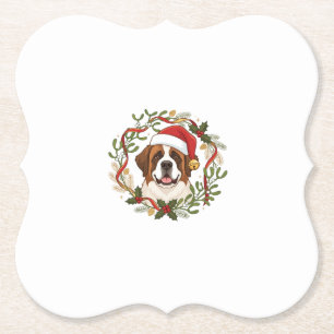 Christmas St Bernard Dog Santa Hat Wreath Paper Coaster