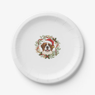 Christmas St Bernard Dog Santa Hat Wreath Paper Plate