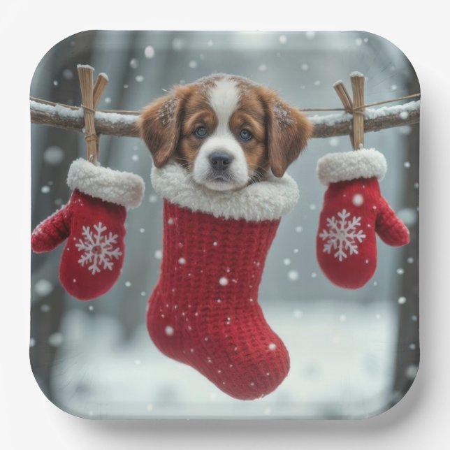 Christmas St. Bernard Puppy In a Red Stocking Paper Plate (Front)