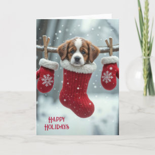 Christmas St. Bernard Puppy In a Stocking Holiday Card
