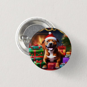 Christmas Staffordshire Bull Terrier, 3 Cm Round Badge