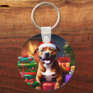 Christmas Staffordshire Bull Terrier,  Key Ring