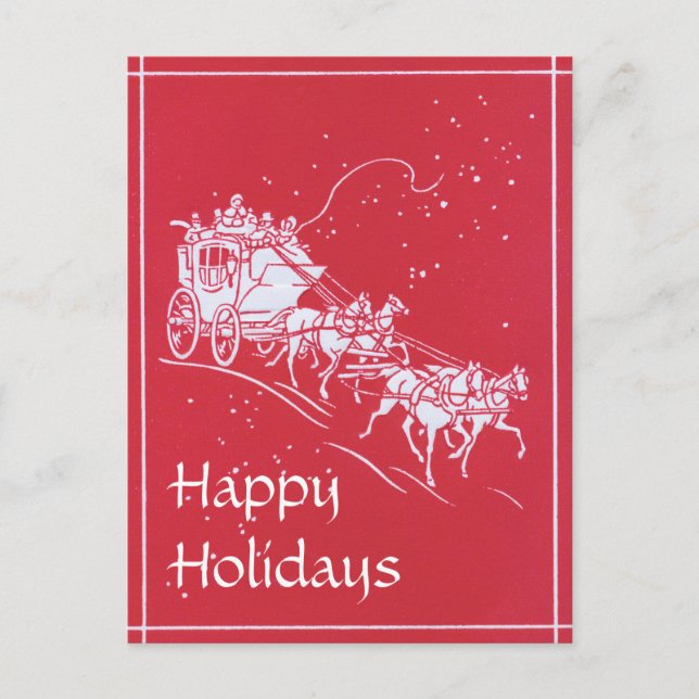 Christmas Stagecoach in Red and White Holiday Postcard (Front)