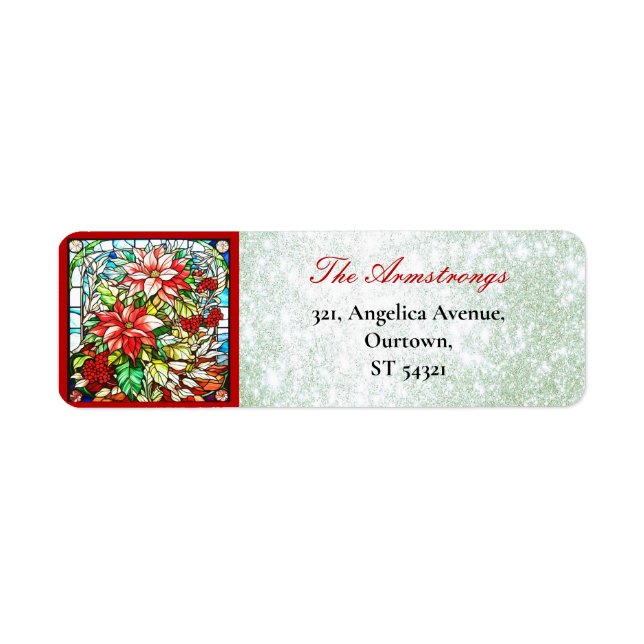 Christmas Stained Glass Flowers Green Glitter Return Address Label (Front)