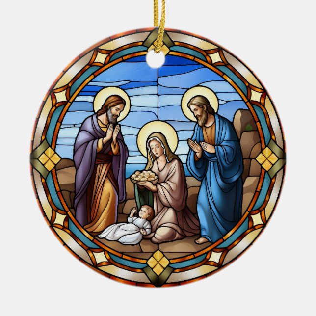 Christmas Stained Glass Nativity Scene Ceramic Ornament (Front)