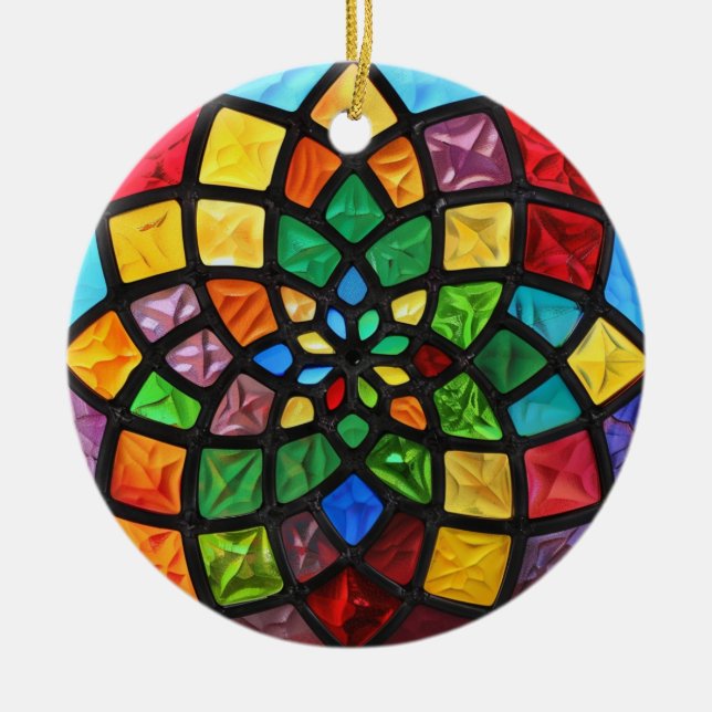 Christmas Stained Glass Pattern Ceramic Ornament (Front)