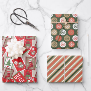 Christmas Stamps Ornaments Wrapping Paper Set of 3
