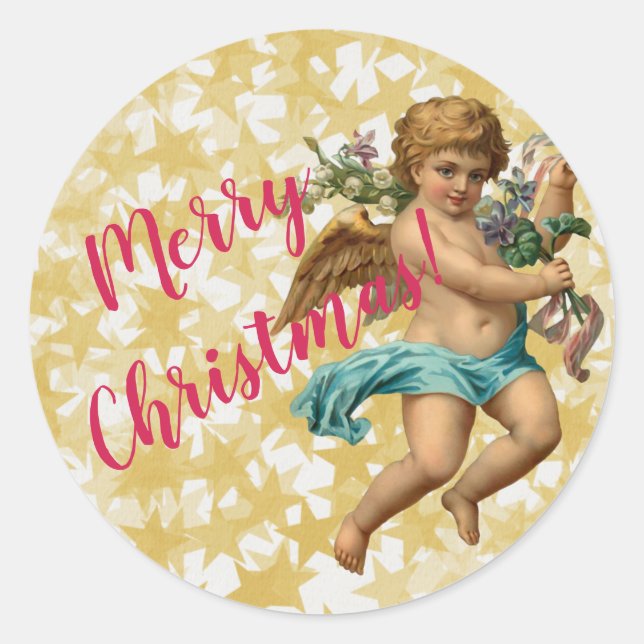 Christmas Star and Angel Merry Christmas Classic R Classic Round Sticker (Front)