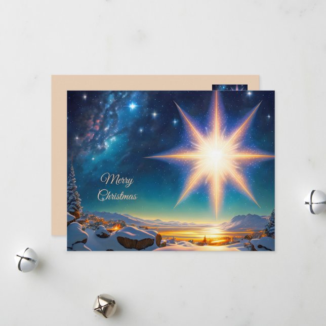 Christmas star, charming winter landscape at night holiday card (Front/Back In Situ)
