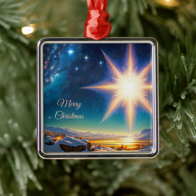 Christmas star, charming winter landscape at night metal ornament (Tree)
