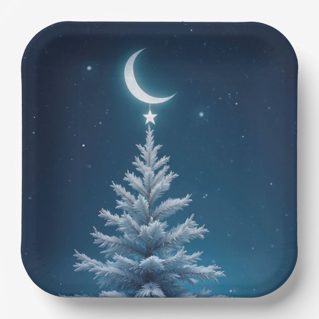 Christmas Star Dangling From a Crescent Moon Paper Plate (Front)