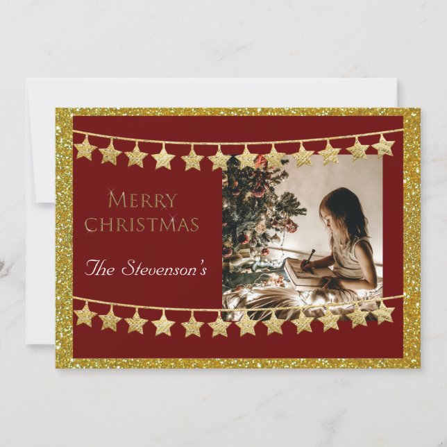 Christmas Star Garland Photo Red Name Personalise Holiday Card (Front)