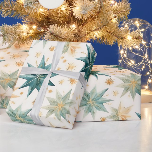 Christmas Star Ornaments Green Gold Christmas Wrapping Paper (Holidays)