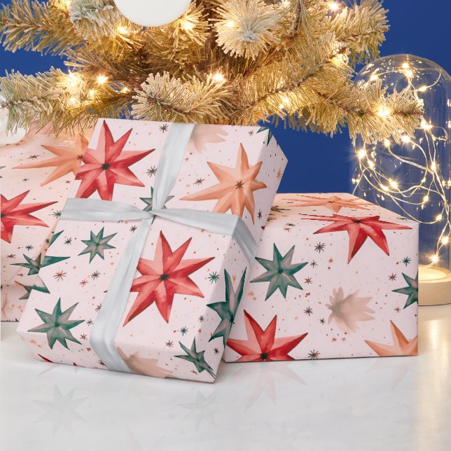 Christmas Star Ornaments Red Blue Modern Christmas Wrapping Paper (Holidays)