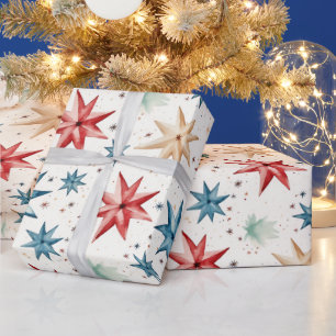 Christmas Star Ornaments Red Blue Modern Christmas Wrapping Paper