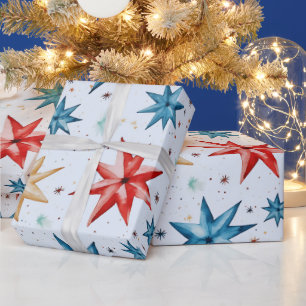 Christmas Star Ornaments Red Blue Modern Christmas Wrapping Paper