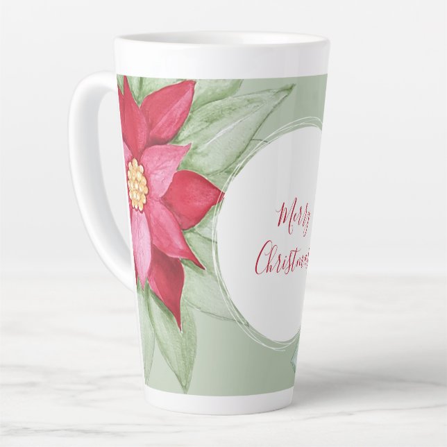 Christmas Star Poinsettia Watercolor Hand-painted Latte Mug (Left Angle)