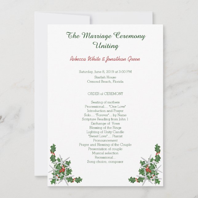 Christmas Starfish Beach Wedding Ceremony Program (Front)
