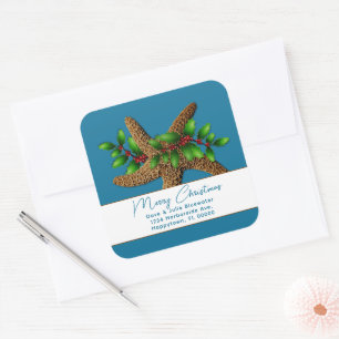 Christmas Starfish Blue Square Return Address Sticker