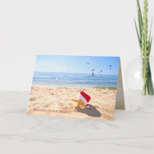 Christmas starfish on the seashore with seagulls card
