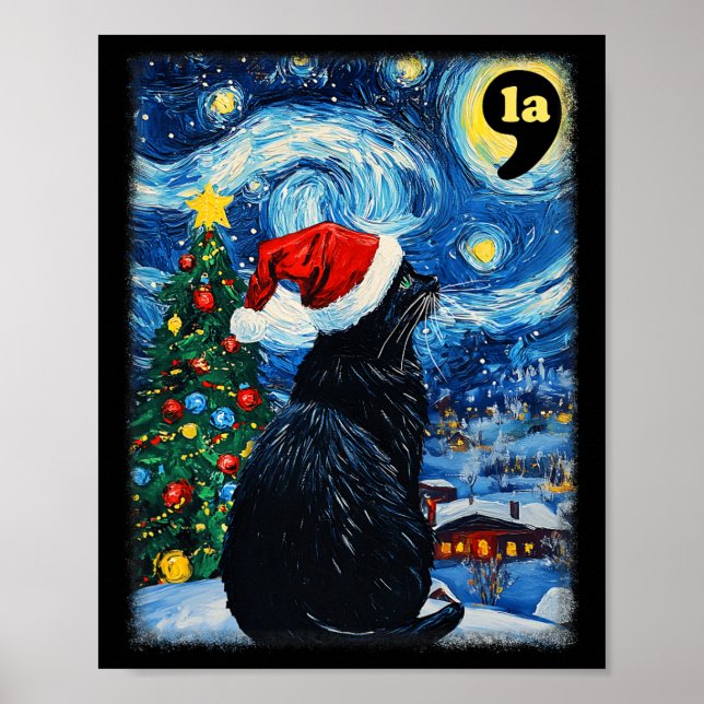 Christmas Starry Night Black Cat Comma La Kamala H Poster (Front)