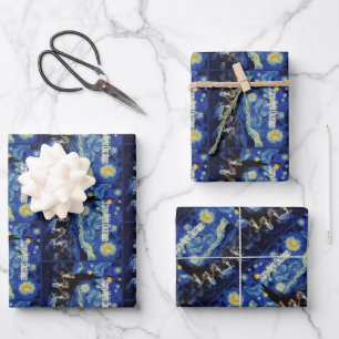 Christmas Starry Night Van Gogh Cat Lover Wrapping Paper Sheet