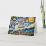 Christmas Starry Night Vincent Van Gogh repainted Holiday Card<br><div class="desc">Merry Christmas Starry Night Vincent Van Gogh repainted. The beautiful painting "Starry Night" repainted after Vincent van Gogh without the cypress tree with the village of St Remy and a colourful night sky with stars, moon and swirls and fully customisable text "Merry Christmas" and inside text. This great repainted Van...</div>