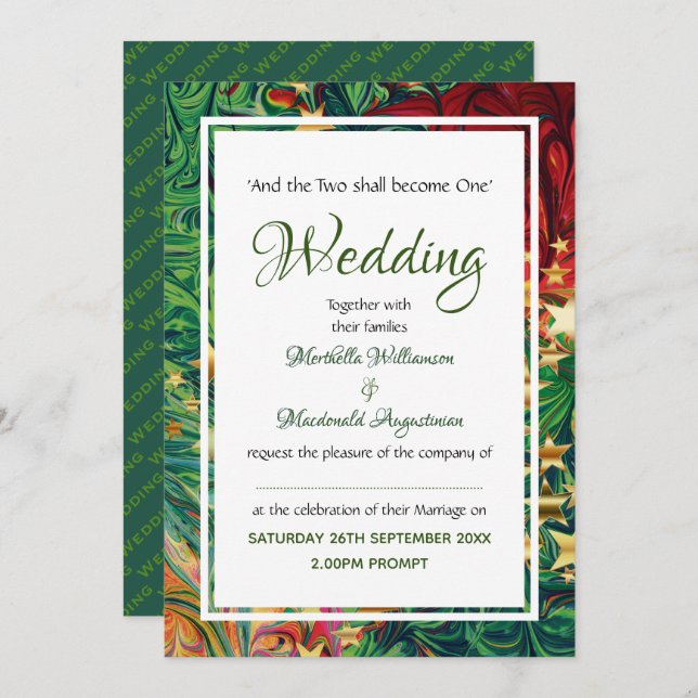 CHRISTMAS STARS Festive Red Green Gold Wedding Invitation (Front/Back)