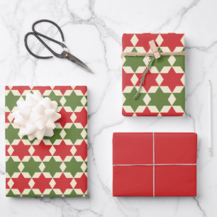 Christmas Stars in Retro Red, Olive Green, & Cream Wrapping Paper Sheet