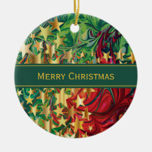 CHRISTMAS STARS Personalised Red Green Faux Gold Ceramic Ornament